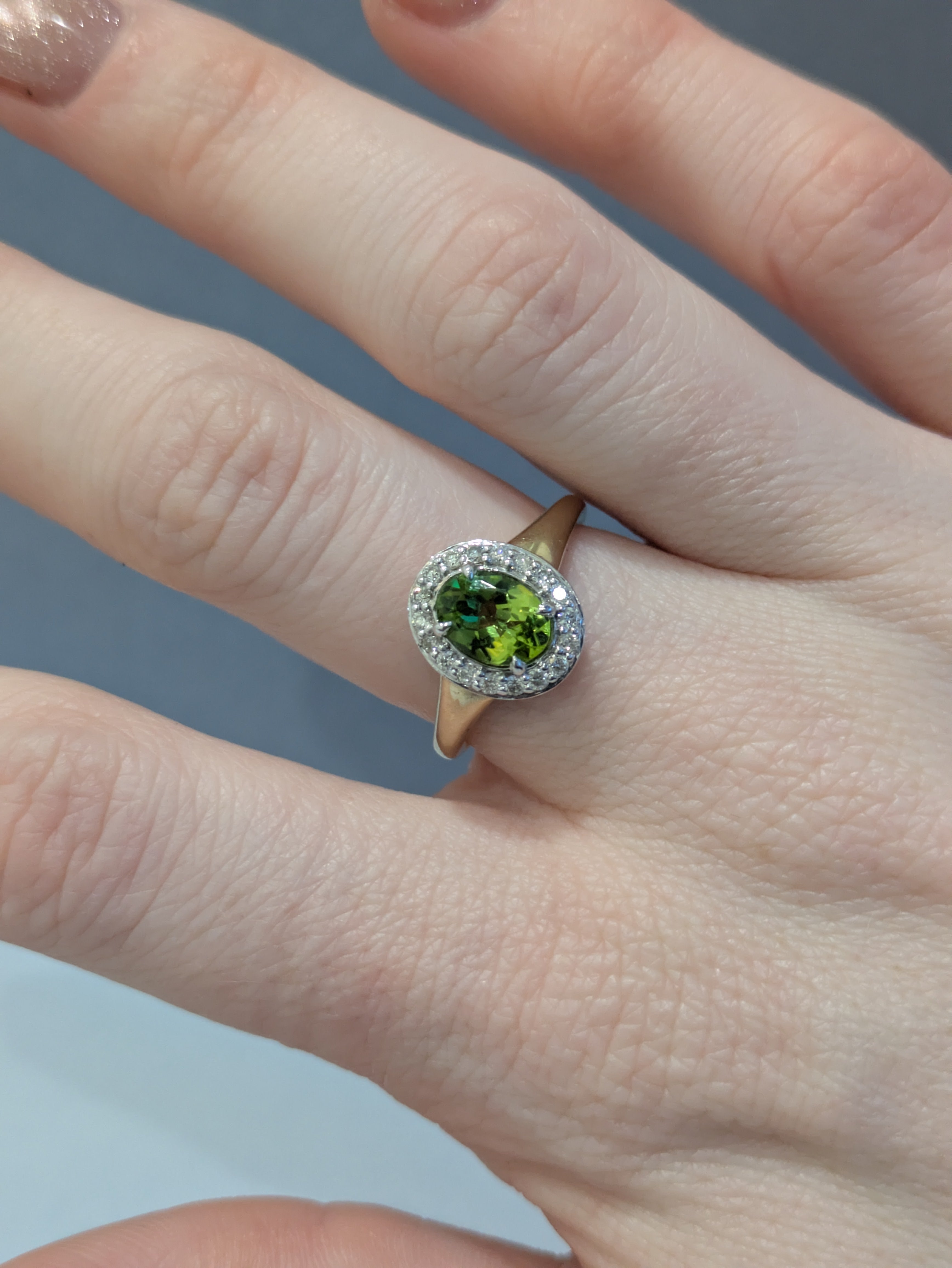 Peridot and Diamond Halo Ring