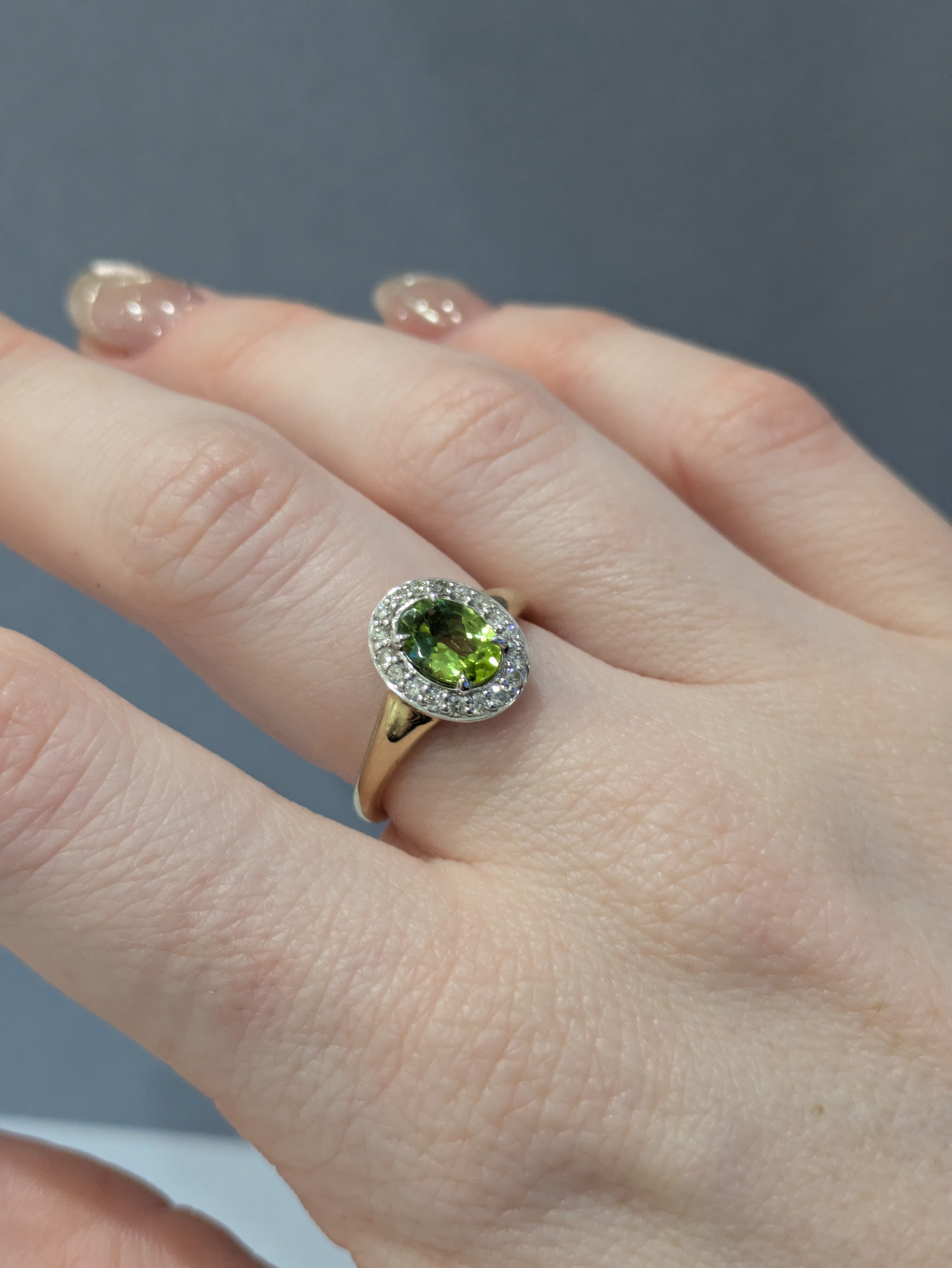 Peridot and Diamond Halo Ring