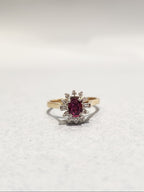 Ruby and Diamond Cluster Ring with Diamond Baguettes front view. 